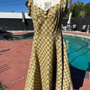 Collectif Green and Red Plaid Midi Dress